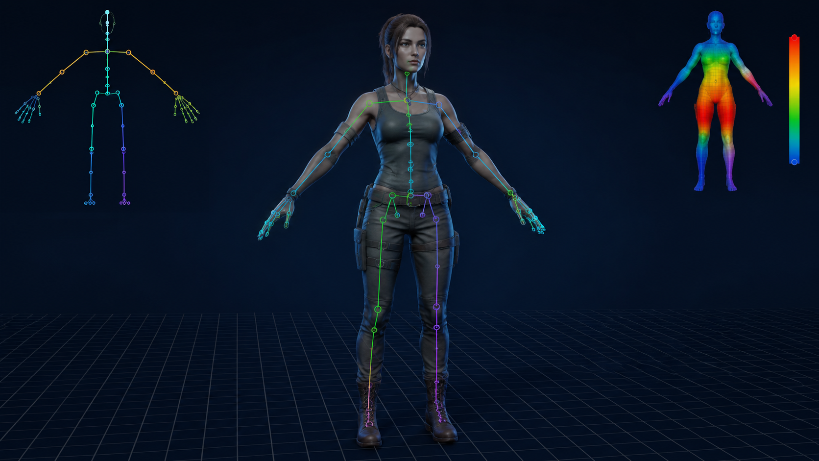 Animated 3D character in a game engine environment with rigging skeleton data overlay showing pipeline ready output