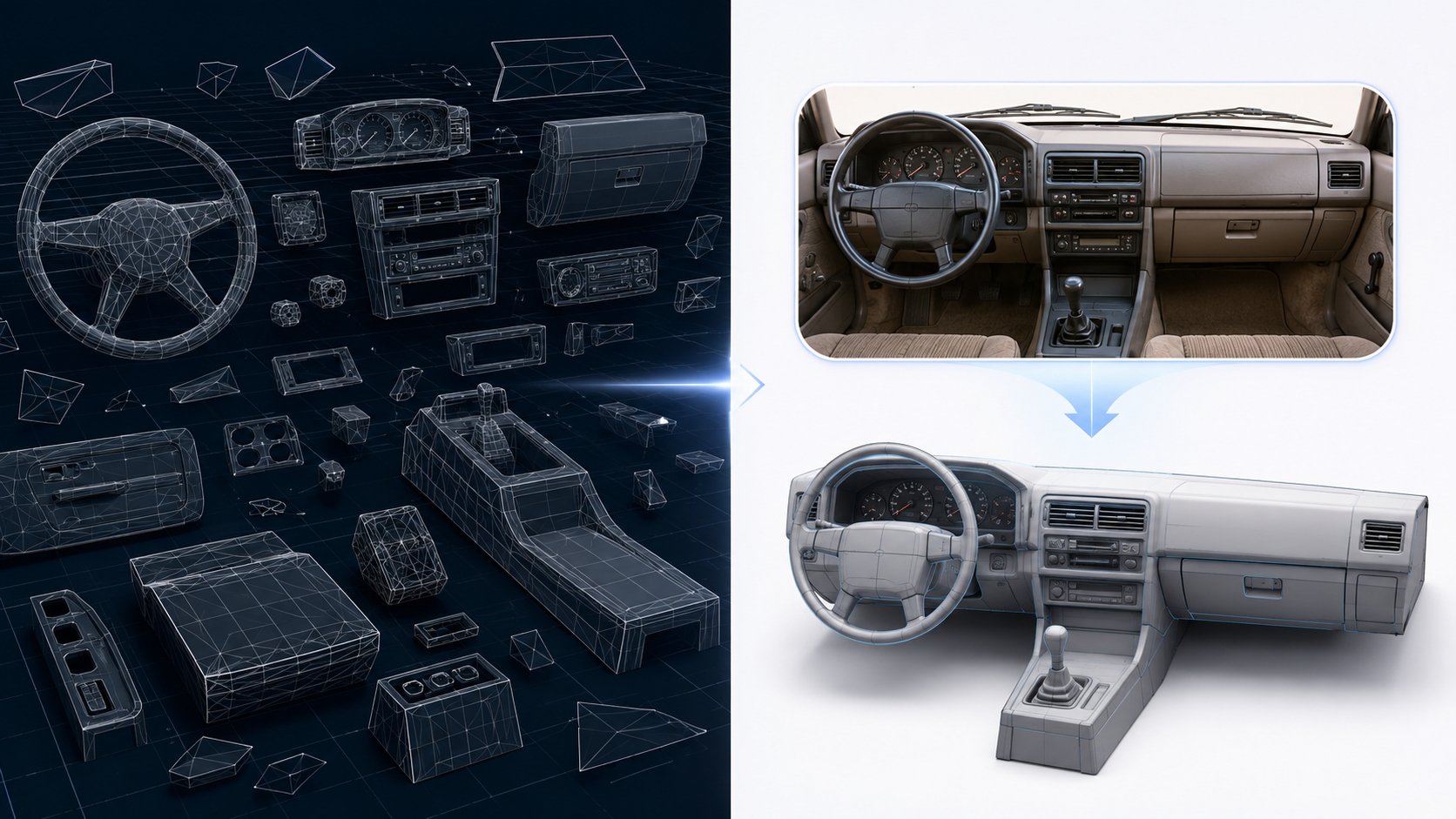 Comparison of traditional 3D software interface versus Neural4D AI generation for 1990s car interior modeling
