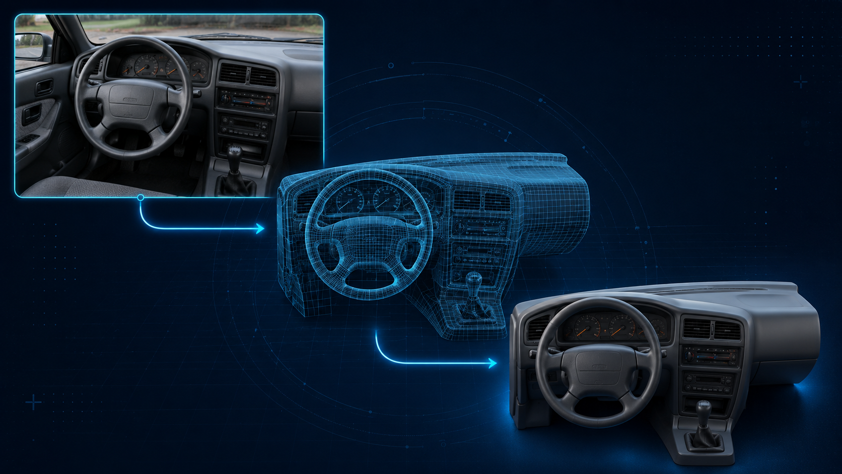 Neural4D image to 3D pipeline showing a reference photo of a 1990s car dashboard transforming into a wireframe 3D mesh