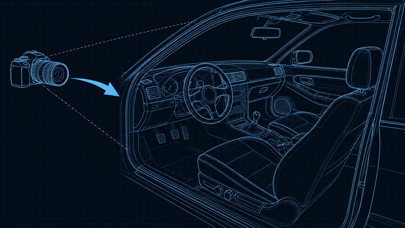 Guide showing ideal photo angles for capturing a 1990s car dashboard and seats for AI 3D generation