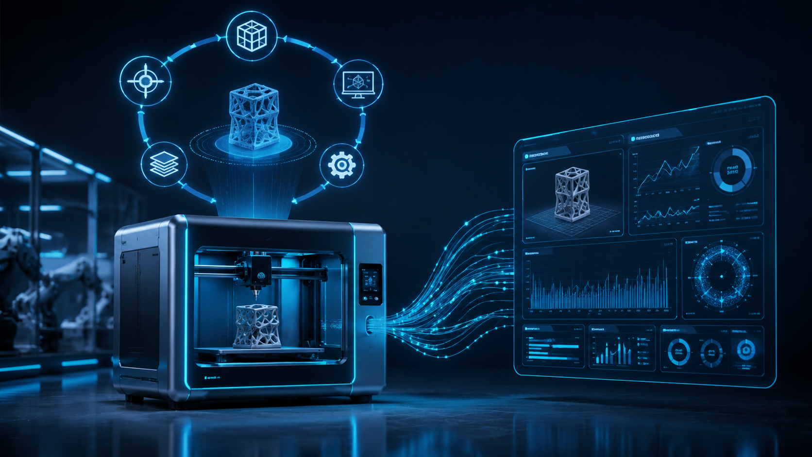 Agentic AI workflow diagram showing 3D printer sensor feedback loop with real-time correction and digital twin monitoring interface