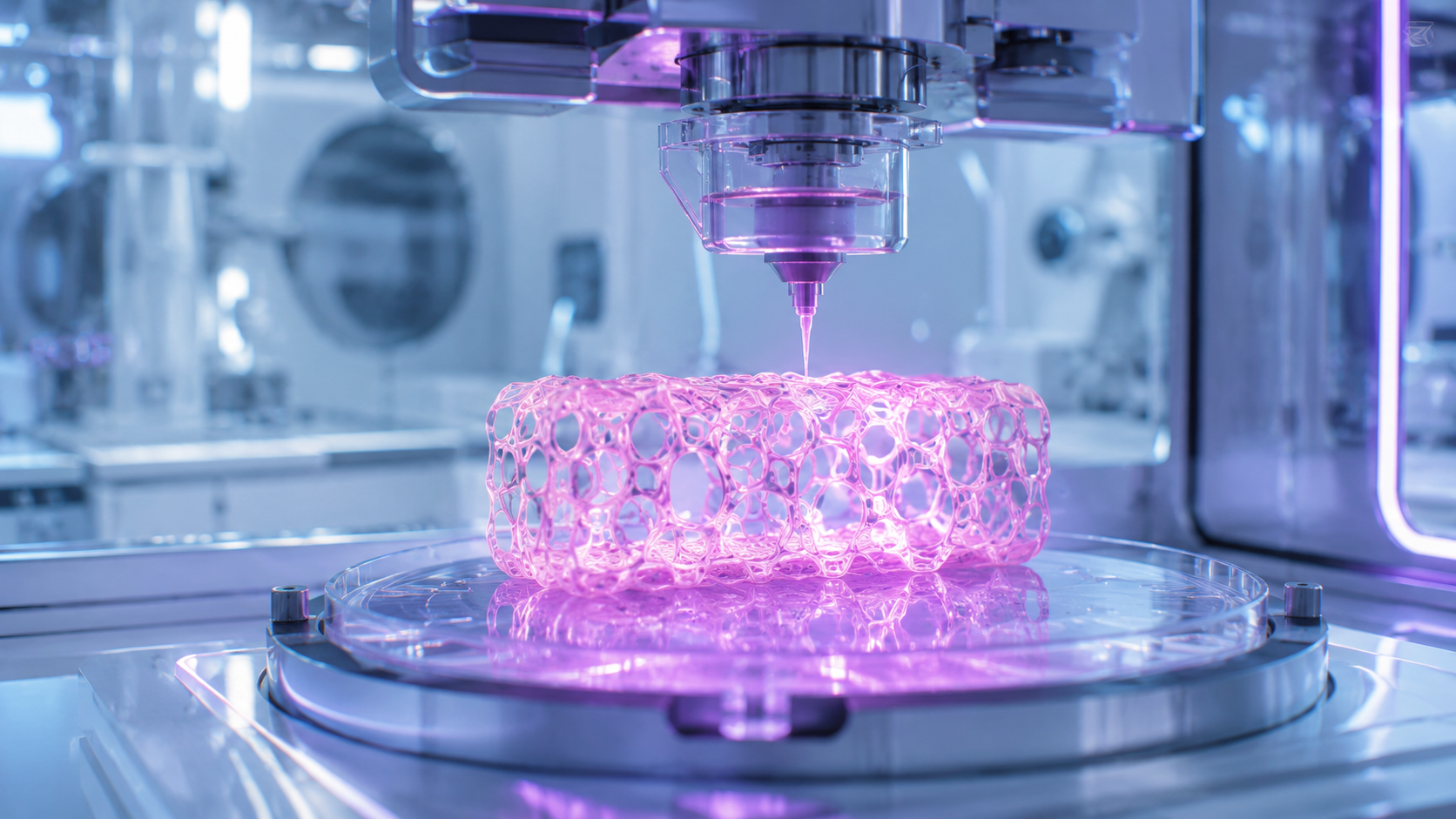 Microscopic view of bioprinted vascular structure showing endothelial vessel formation within a hydrogel scaffold