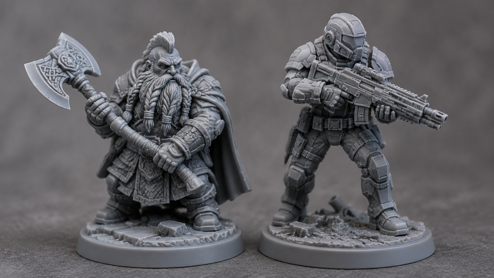 Side by side comparison of two 3D printed tabletop miniatures, a fantasy dwarf and a sci-fi soldier, showing print quality detail