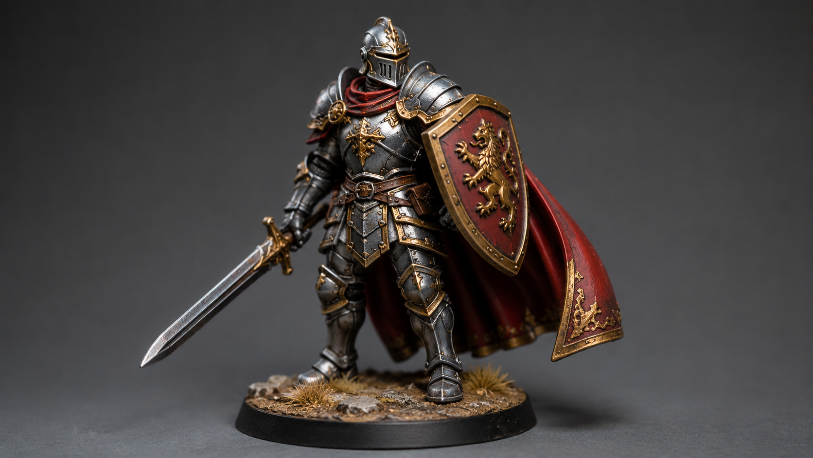 Professionally painted 3D printed tabletop miniature figure of a fantasy knight with silver armor and red cape on a neutral background
