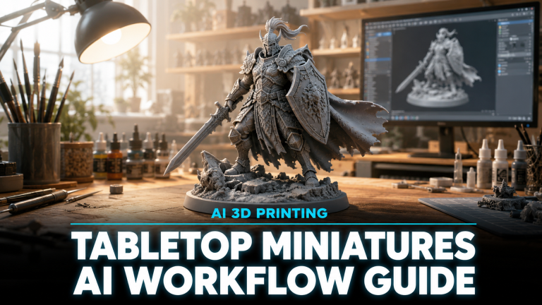 AI 3D tabletop miniature generation workflow guide hero image showing 3D printed miniatures