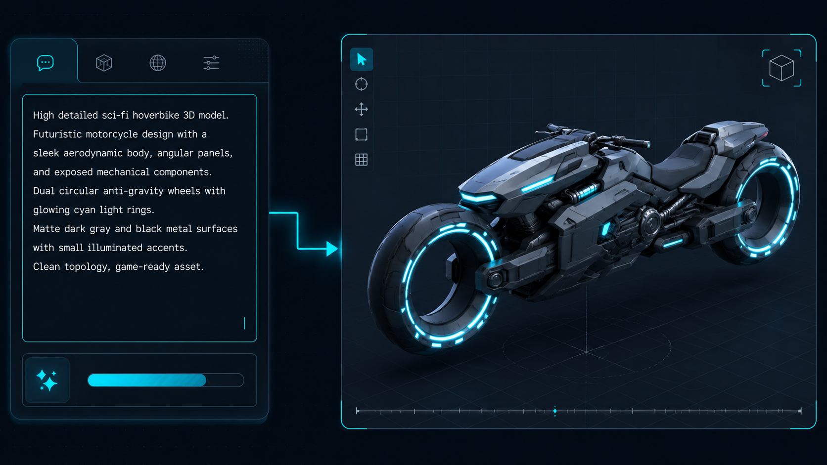 3D model generation workflow showing a text prompt in the AI 3D Agent and the resulting 3D asset in the workspace