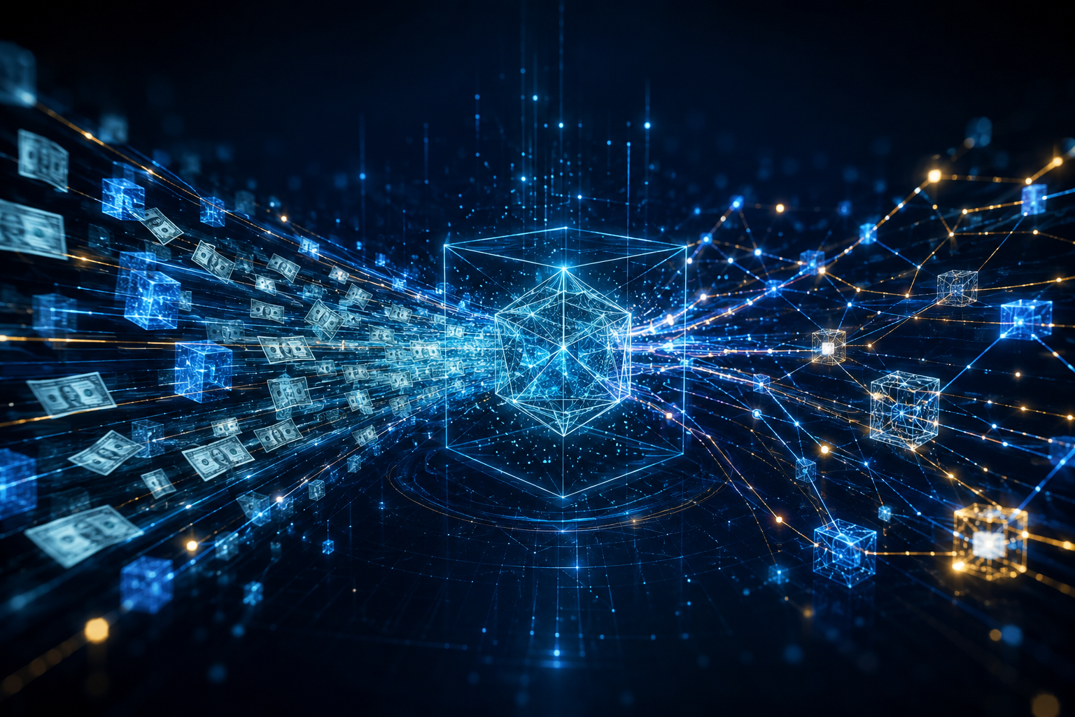Abstract 3D visualization of capital flowing into AI 3D generation industry with geometric shapes and network connections