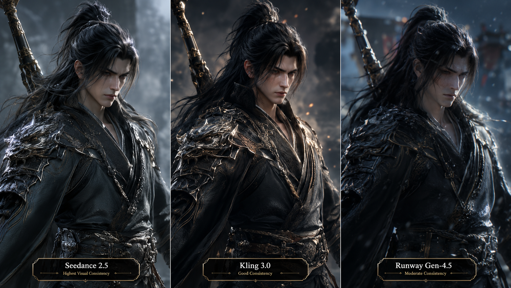 Split comparison showing the same character prompt rendered in Seedance 2.5, Kling 3.0, and Runway Gen-4.5 demonstrating consistency differences