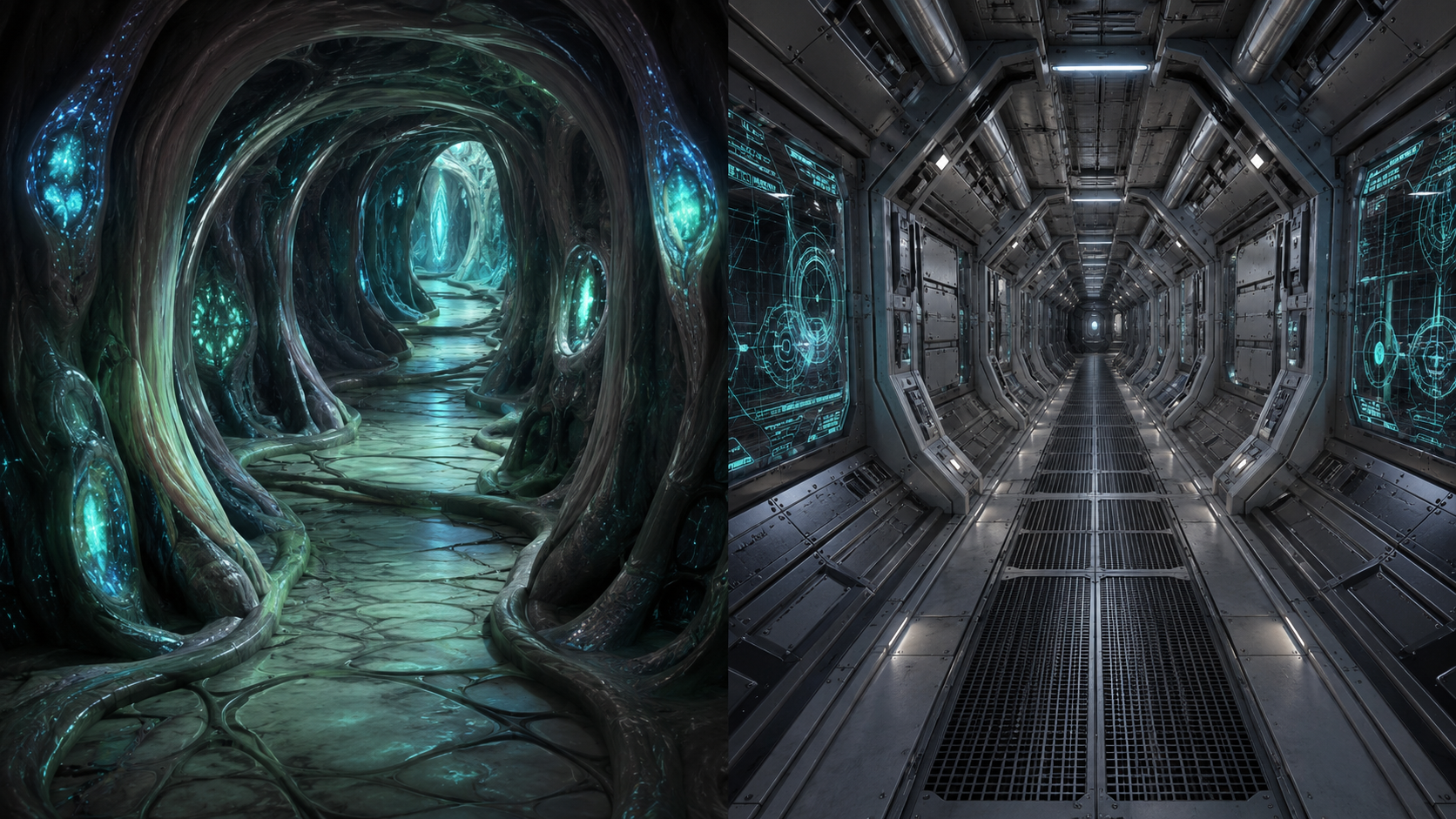Concept reference collage showing diverse alien ship interior styles including organic bioluminescent tunnels, mechanical metallic corridors, and hybrid sci-fi environments