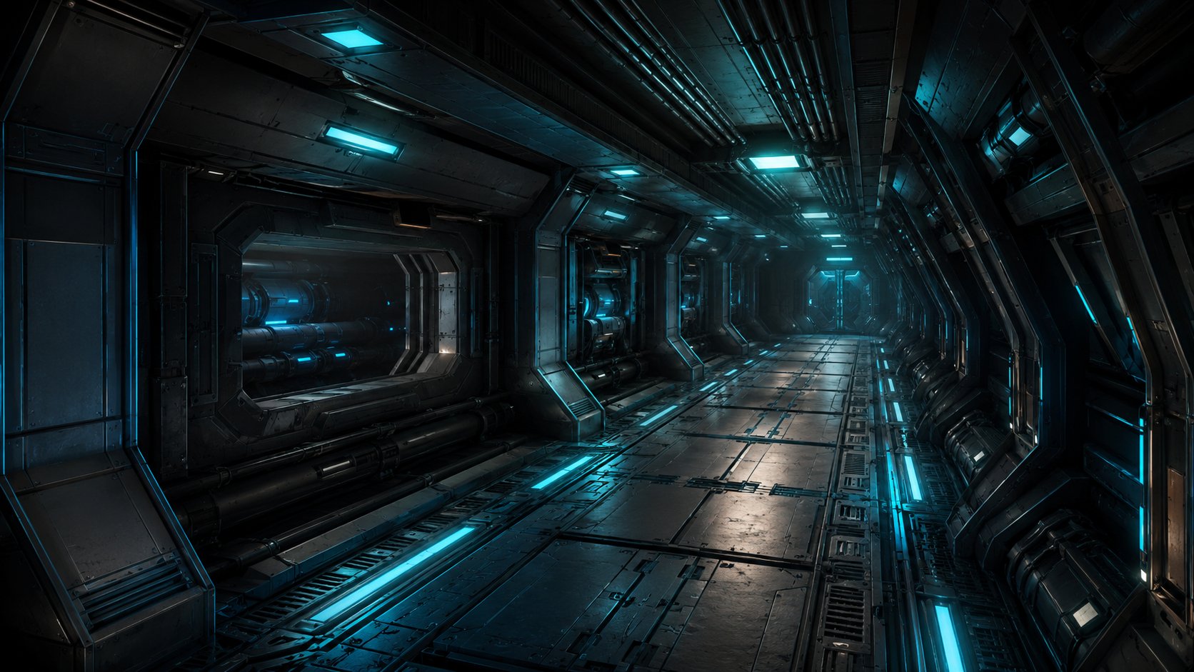A game-ready alien ship interior 3D model displayed in a game engine viewport with wireframe overlay showing clean topology