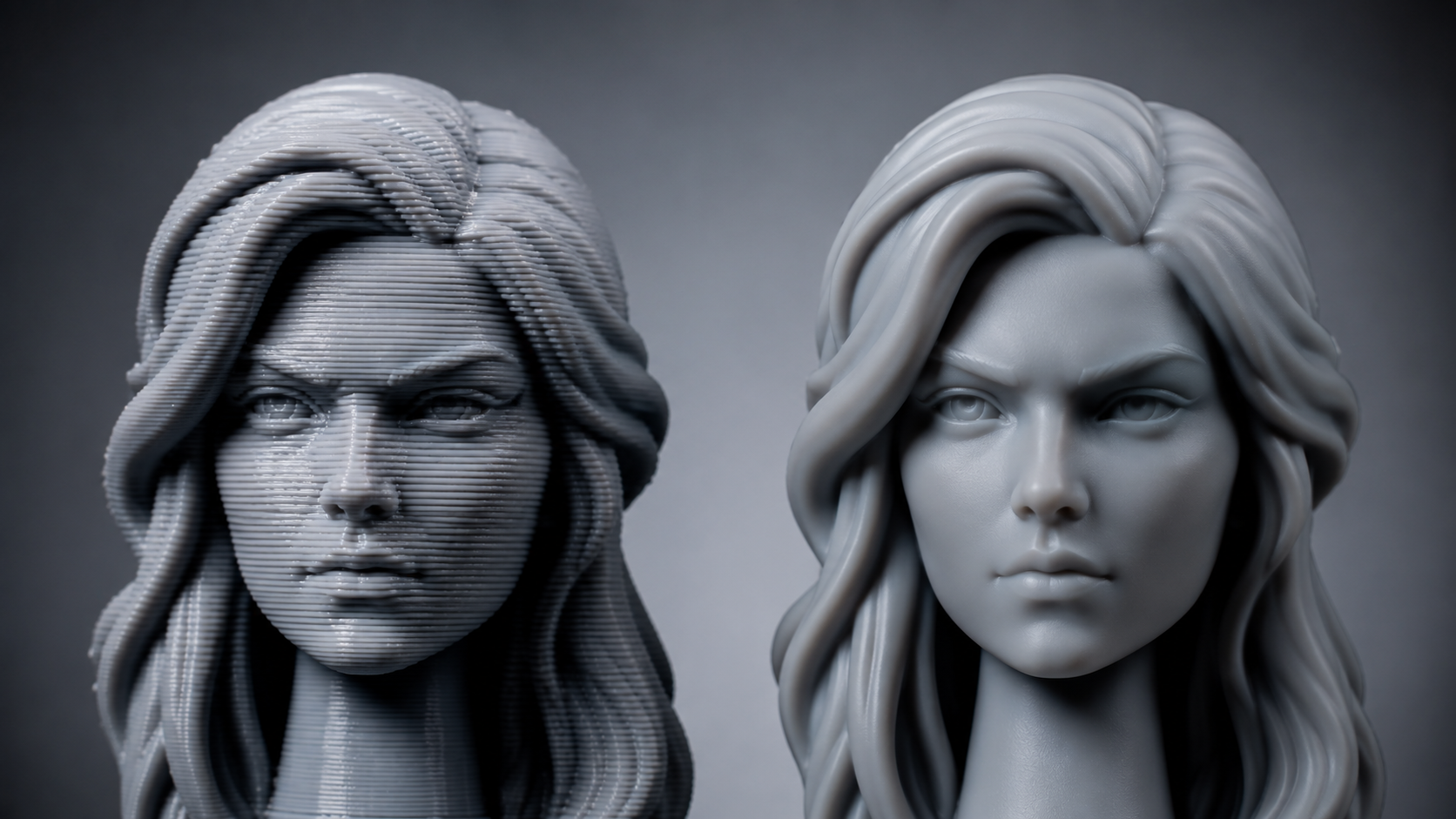 Side by side comparison of FDM printed versus resin printed Batman miniature showing surface detail differences