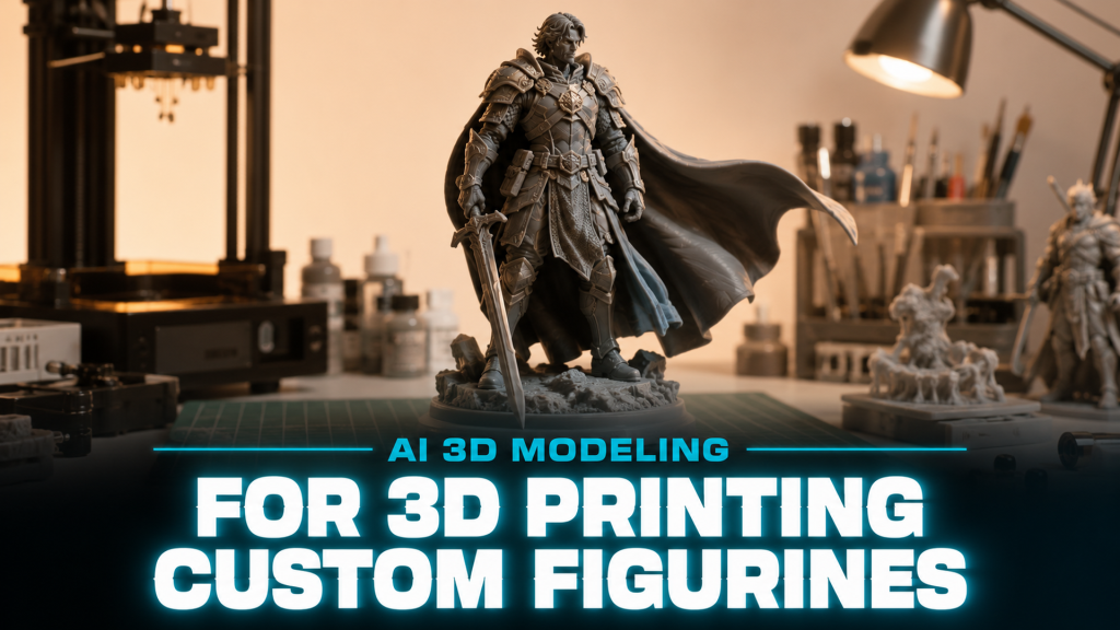 AI 3D modeling for 3D printing custom collectible figurines guide with typography overlay