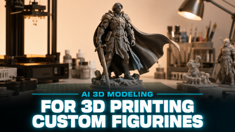AI 3D modeling for 3D printing custom collectible figurines guide with typography overlay