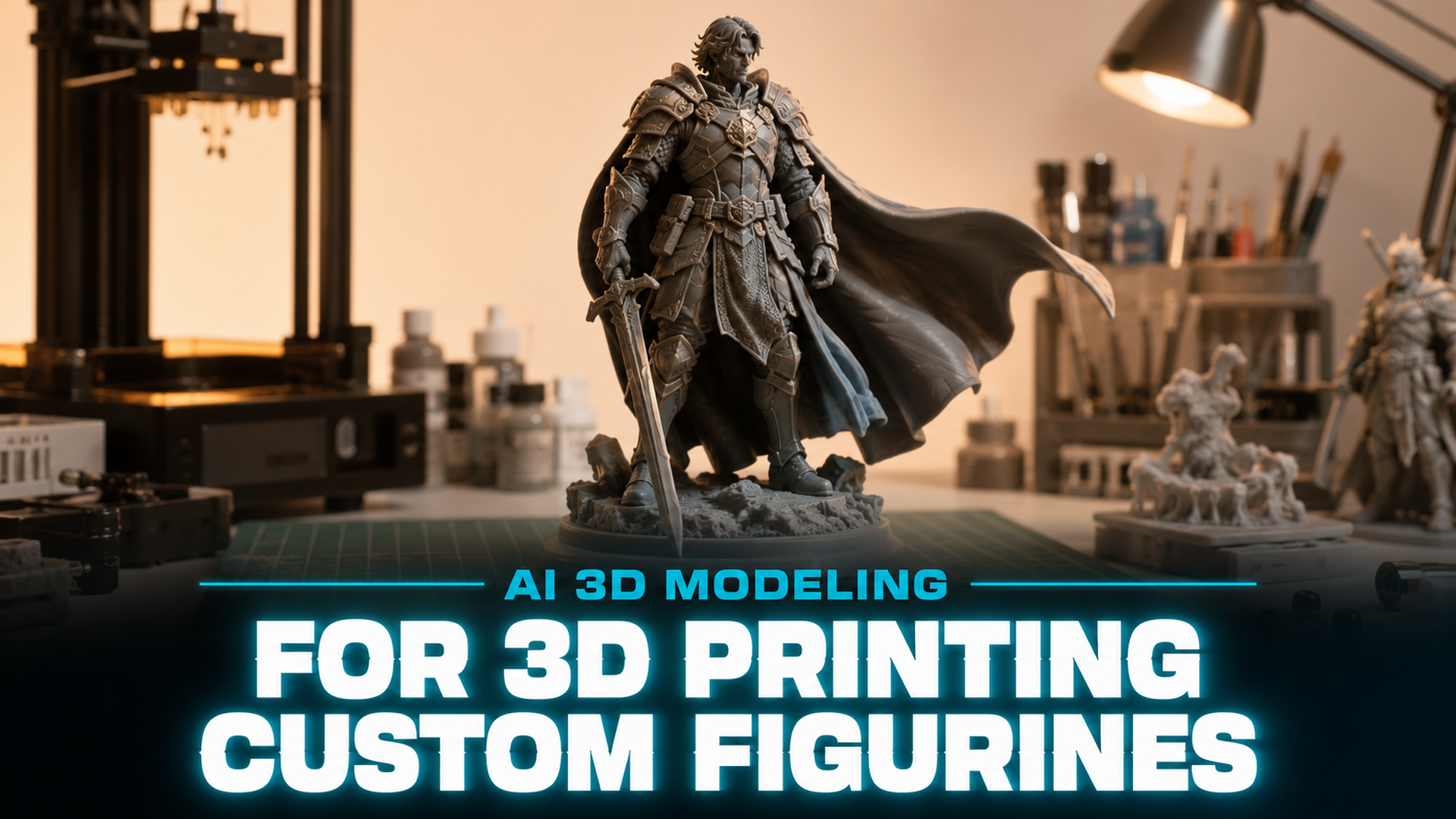 AI 3D modeling for 3D printing custom collectible figurines guide with typography overlay