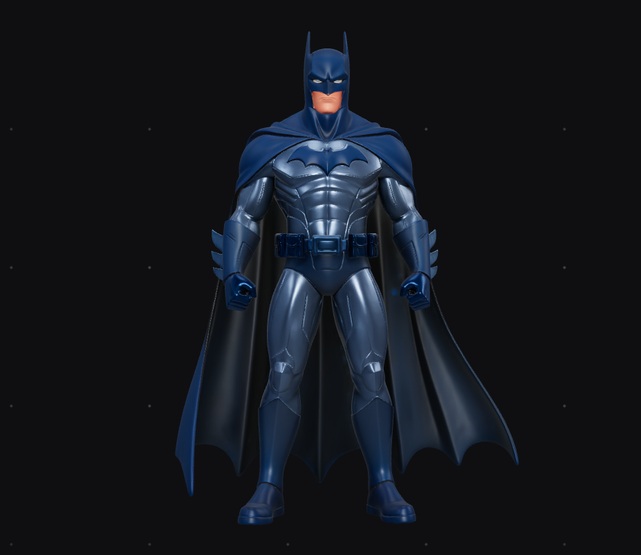 Completed 3D printed Batman figure showing assembled and painted model with armor detailing