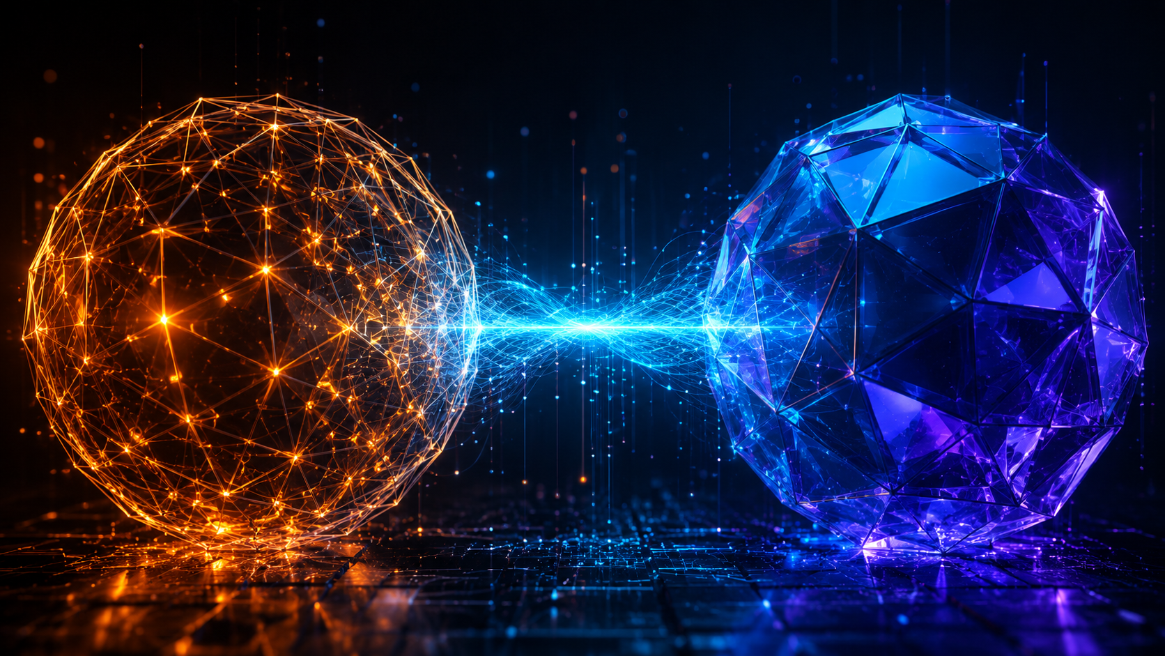 Abstract 3D visualization comparing Blender and Maya ecosystems with a glowing bridge between them