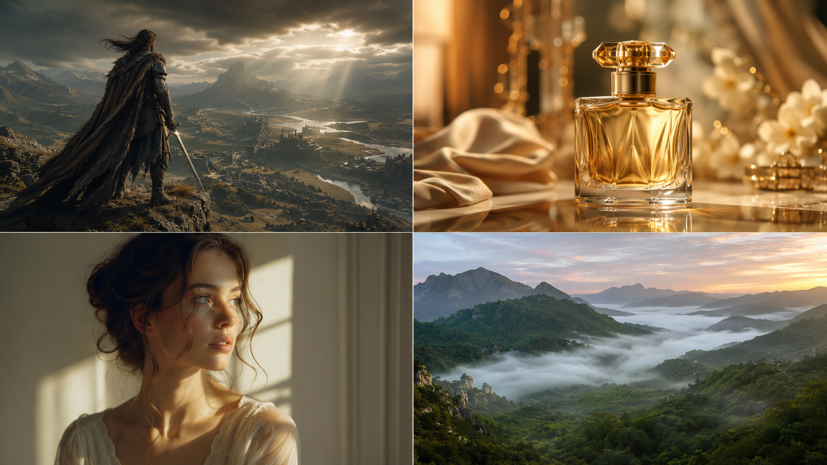 Collage of cinematic AI video genres fantasy product portrait and nature