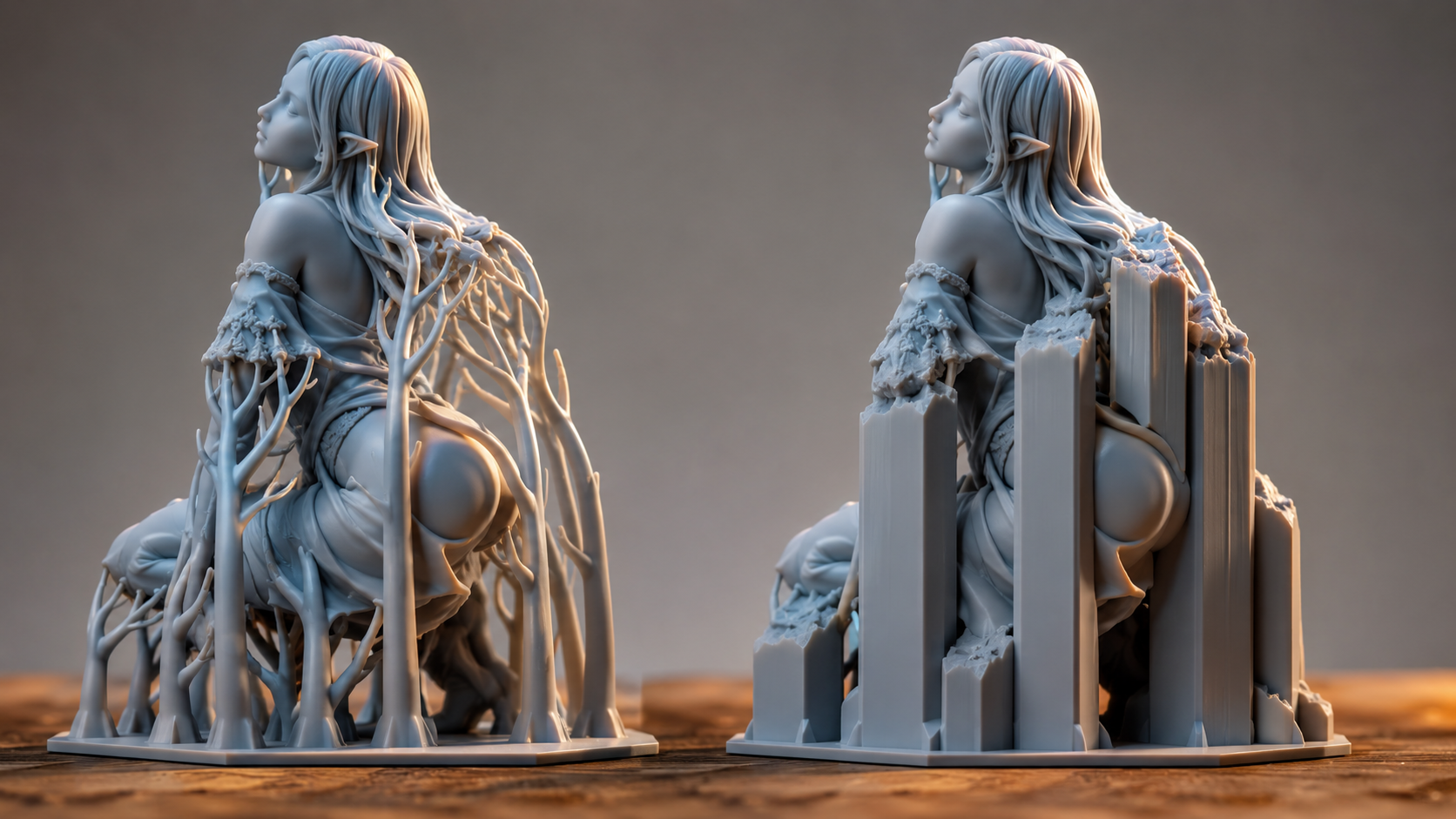 Abstract comparison of organic tree support structures versus standard support columns on a 3D printed figurine model