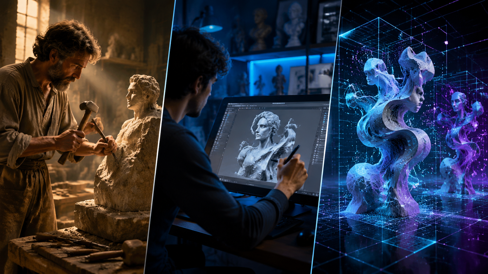 Three-phase evolution of digital sculpture from traditional chisel to AI-generated 3D forms