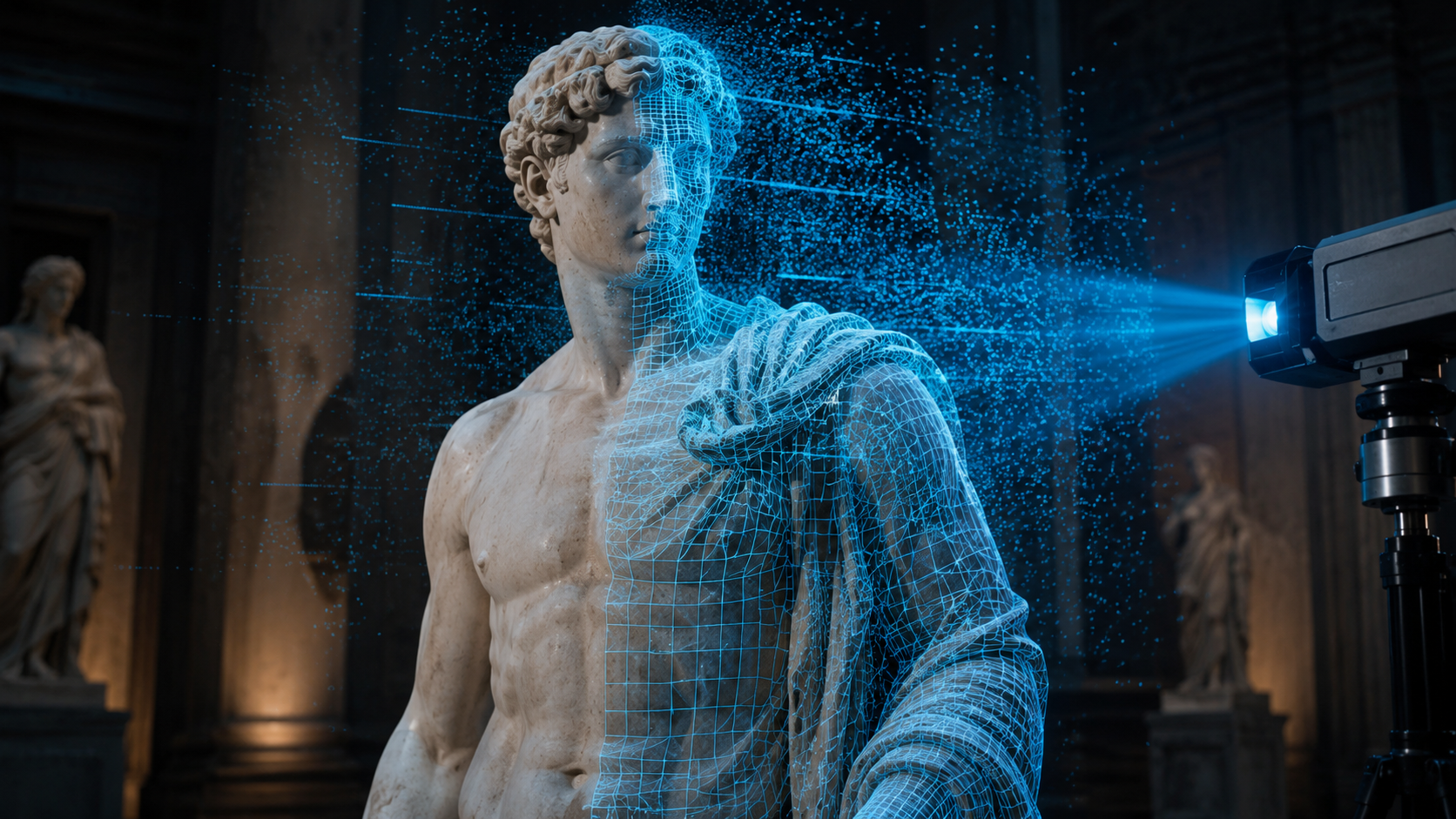 Classical marble statue with glowing blue 3D scan wireframe overlay and point cloud particles