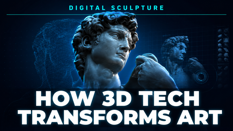 Digital sculpture magazine cover style hero with cyan and dark navy gradient showing how 3D tech transforms art