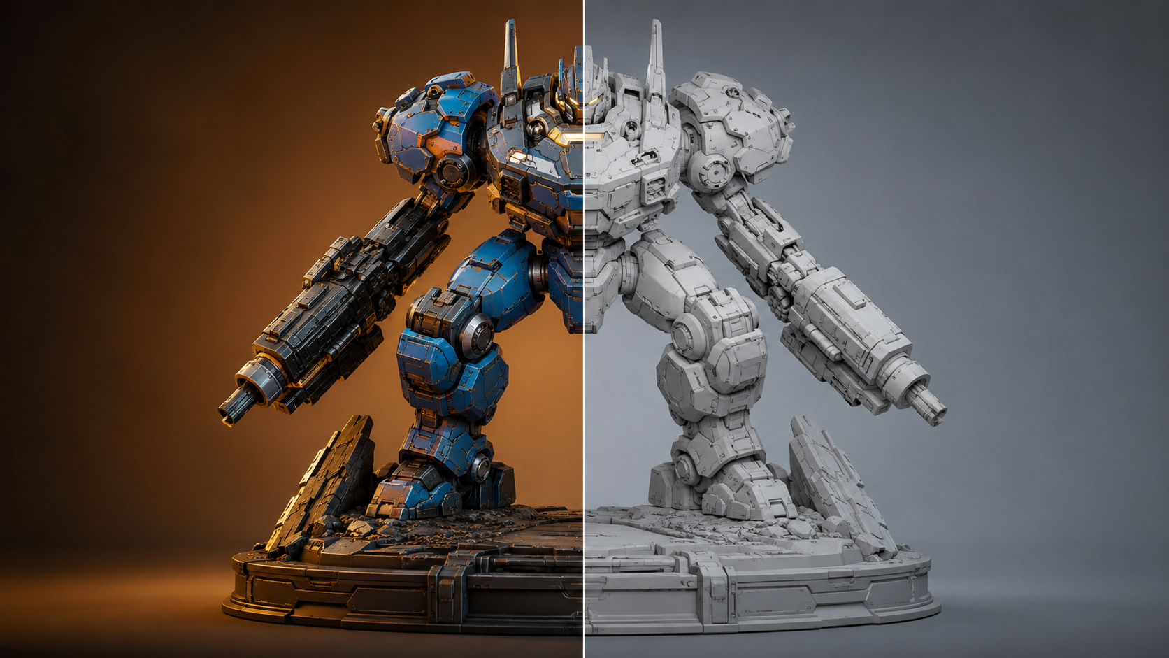 Side by side comparison of a 3D model with full color textures on the left and the same model as a flat untextured gray mesh on the right