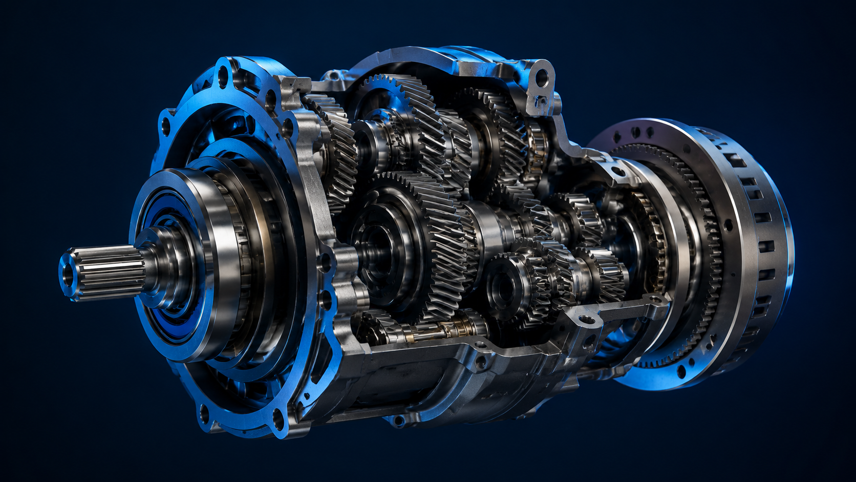 High quality 3D rendered mechanical gear assembly with complex metallic PBR textures in a dark navy studio environment