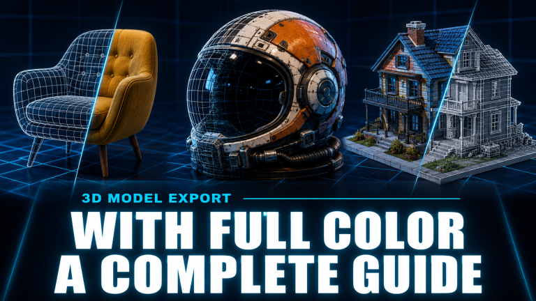 Magazine cover style 3D model export guide with cyan title text on dark navy background