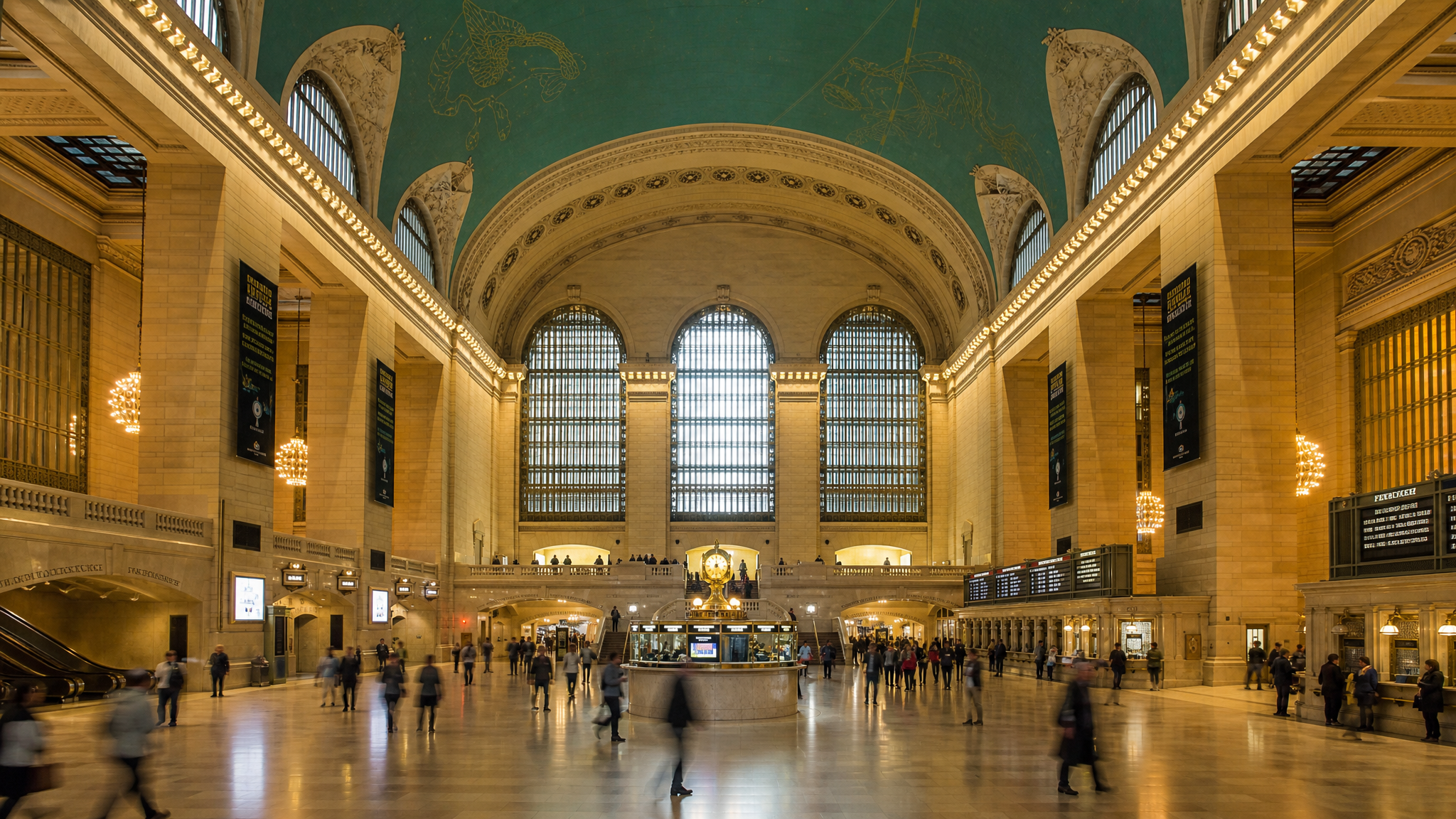 Grand Central Terminal main concourse interior showing vaulted ceiling with zodiac mural, marble staircases, and brass chandeliers