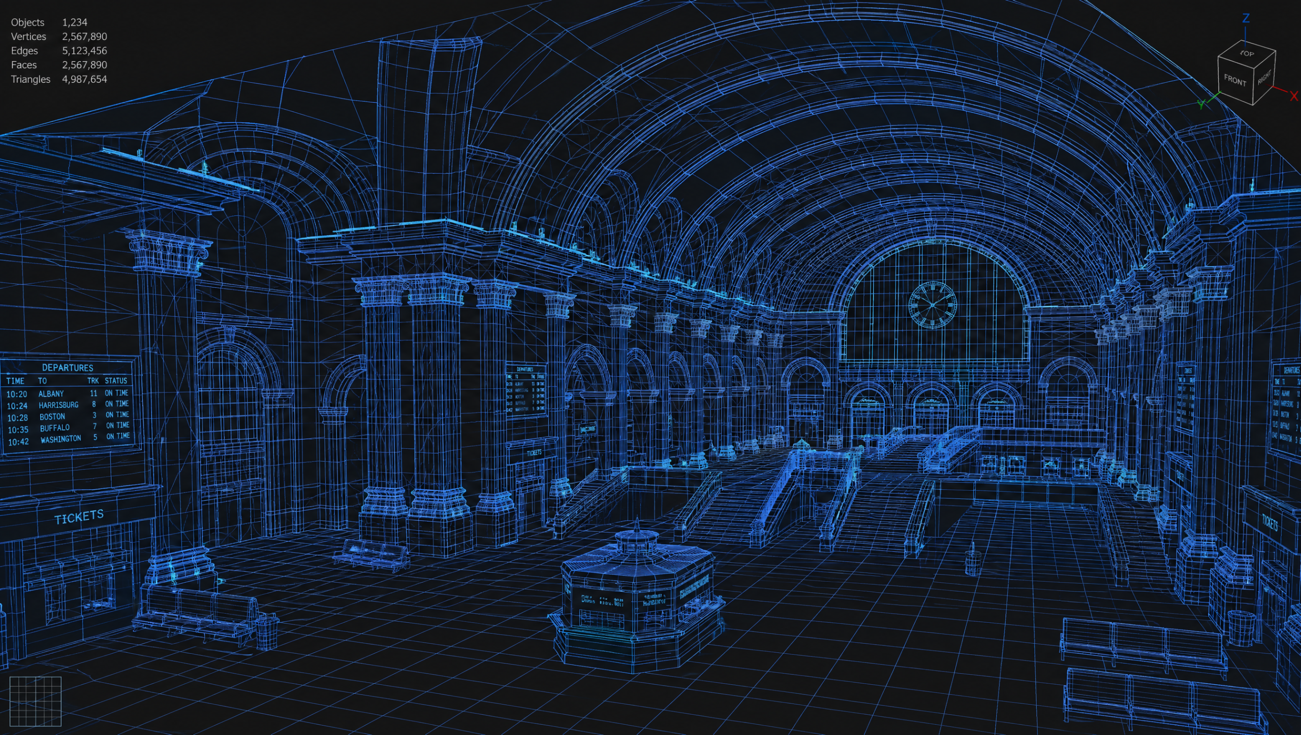 Generated 3D base mesh of Grand Central Terminal interior showing wireframe geometry