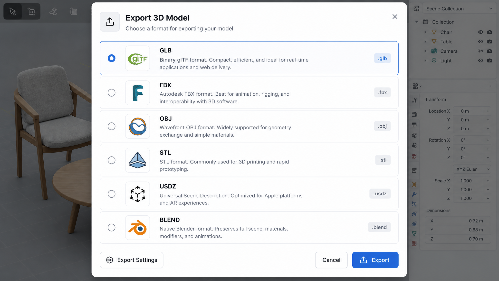 Neural4D Studio export format selection interface showing GLB, FBX, OBJ, STL options