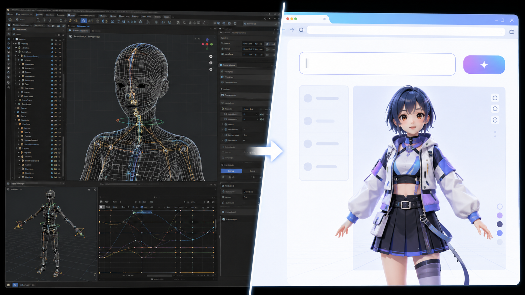 Side by side comparison of traditional 3D modeling workspace and AI avatar generation interface showing the workflow difference