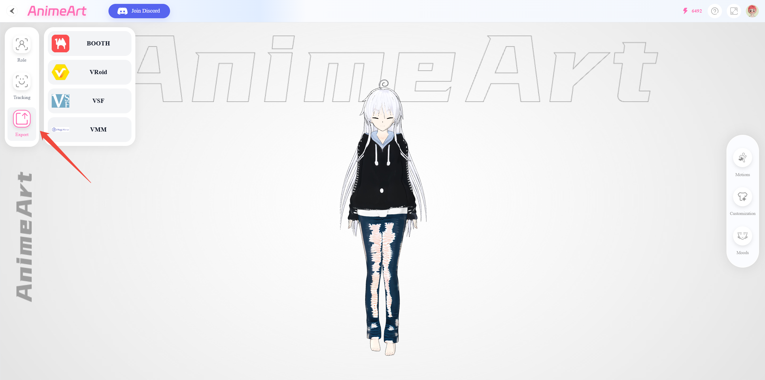 Auto rigging skeleton visualization overlaid on an AI generated anime character with VRM format export button highlighted in Neural4D interface