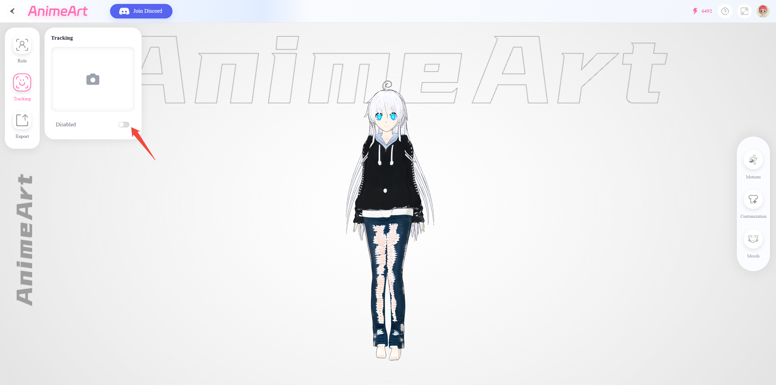 Face Track feature in AnimeArt Tracking tab showing webcam driven facial expression mirrored on an anime character in real time within the browser