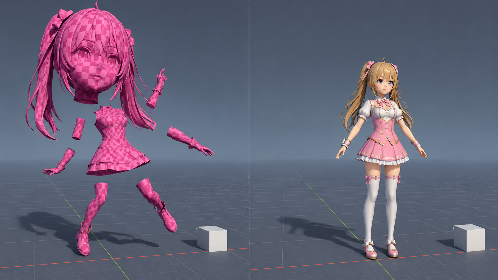 Split screen comparison showing correct avatar appearance on the left and a common issue like missing textures on the right