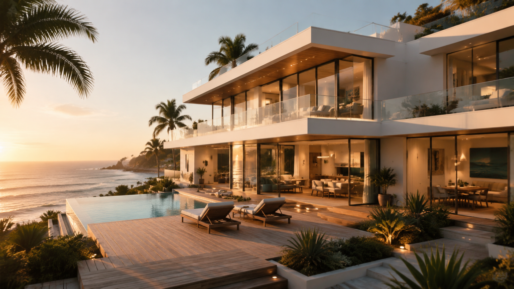 Fully textured PBR model of a luxury beach house with glass windows stucco walls and wood deck from Neural4D