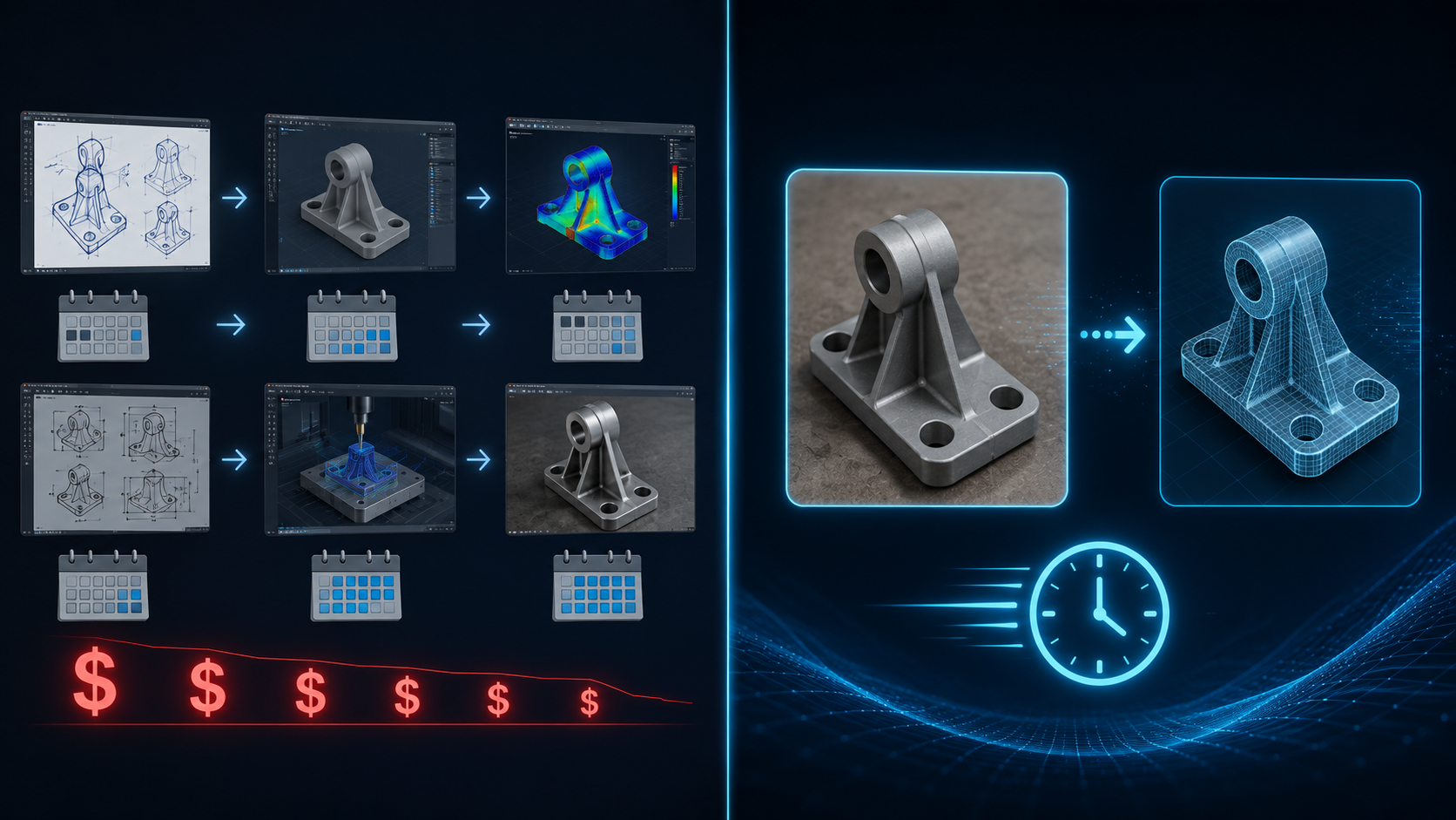 Side by side comparison of traditional weeks-long CAD workflow versus AI image to 3D workflow in minutes