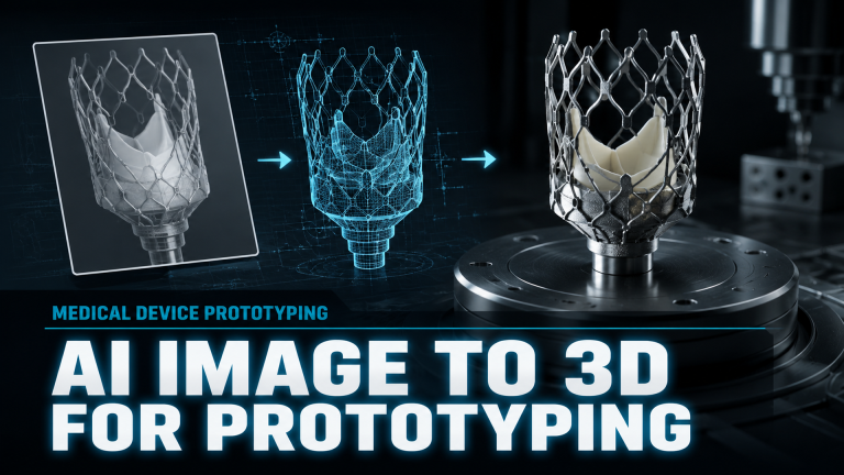 AI Image to 3D for medical device prototyping magazine cover style hero image with title text