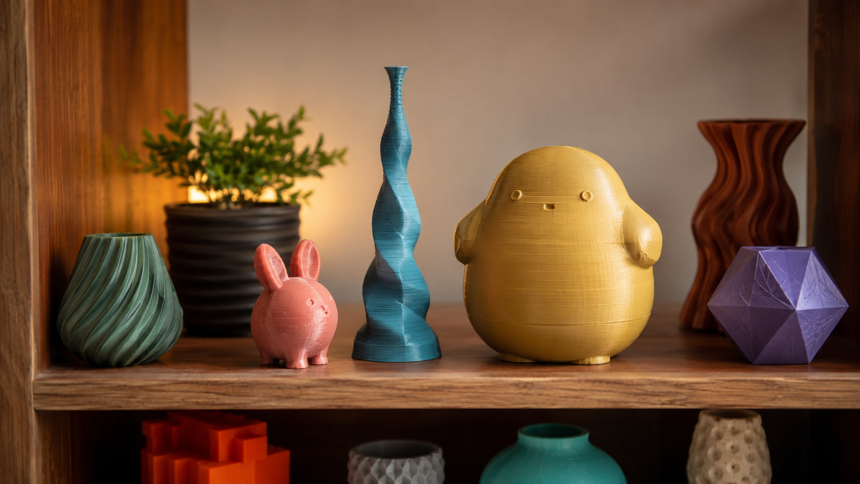 3D printed collectible figurines displayed on a wooden shelf showcasing Minions and Monsters fan art