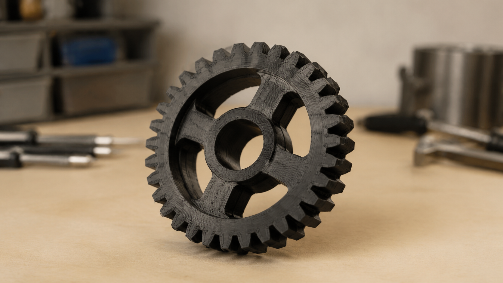 FDM 3D printed functional part on a workshop bench, an example of a single-color STL print