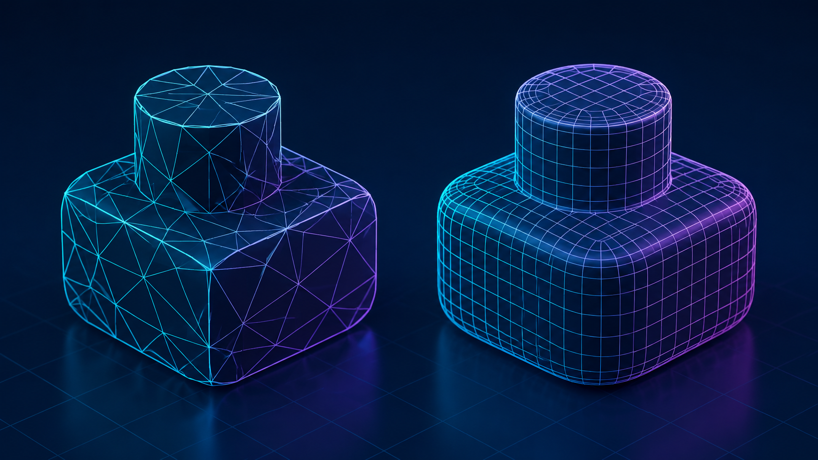 Triangulated mesh compared with a quad mesh wireframe of the same 3D shape, showing the STL and OBJ geometry difference