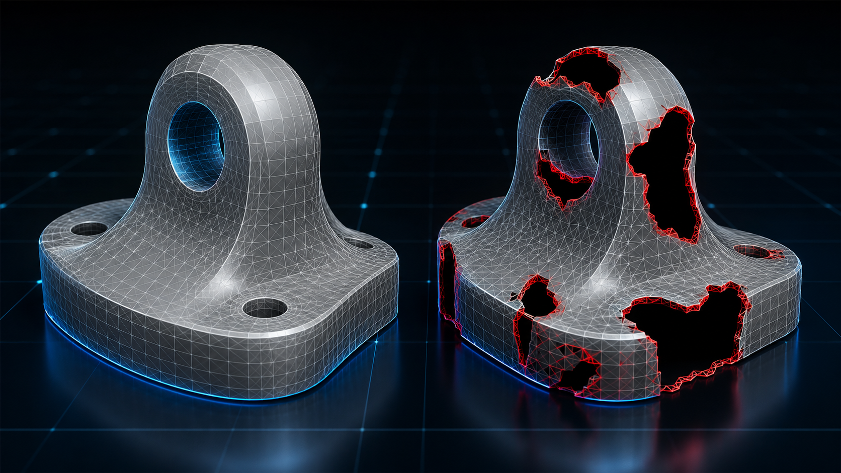Watertight closed mesh next to a broken mesh with open holes and non-manifold edges