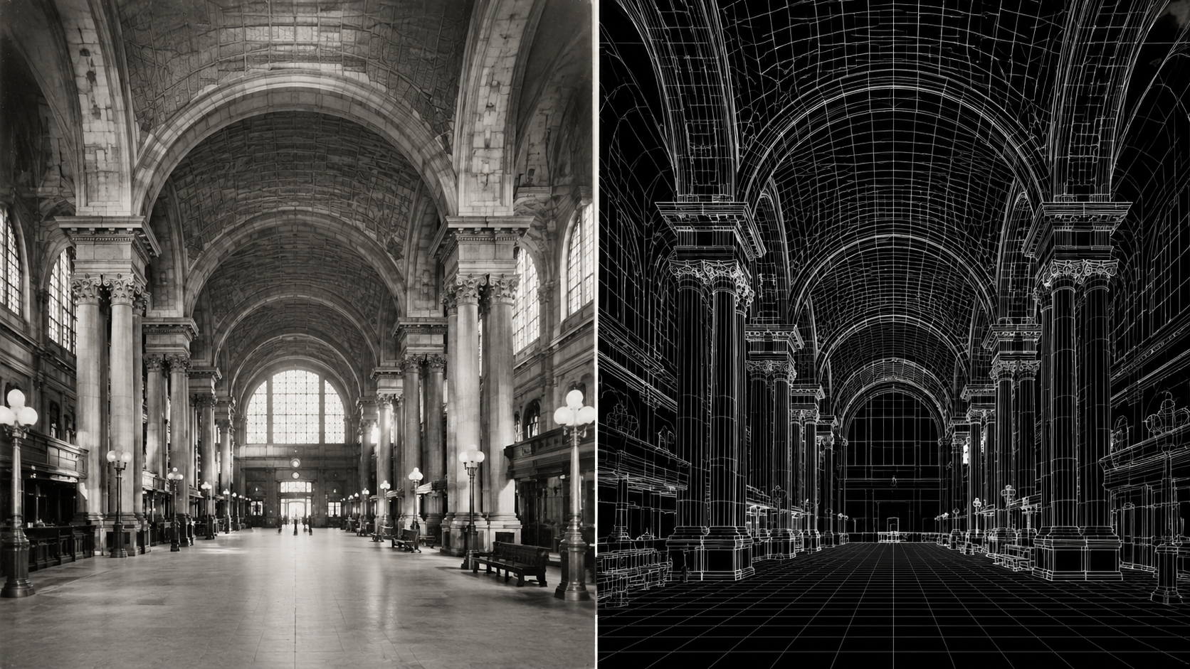 Side by side comparison of a 1962 Penn Station interior reference photograph and a Neural4D generated base mesh showing architectural volume reconstruction