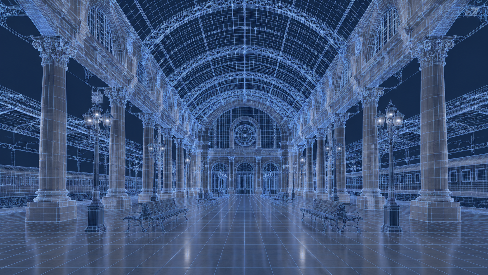 Neural4D generated untextured base mesh of Penn Station interior showing column rows, vaulted ceiling, and architectural volume in wireframe overlay