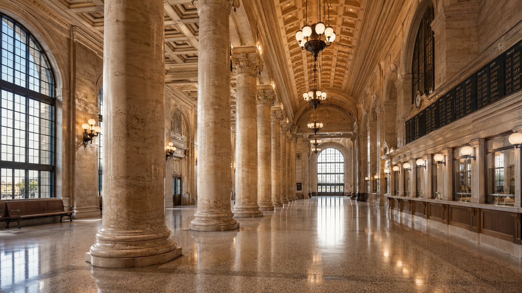 Final textured Neural4D output of Penn Station interior showing marble columns, vaulted ceiling, and terrazzo floor with PBR materials applied