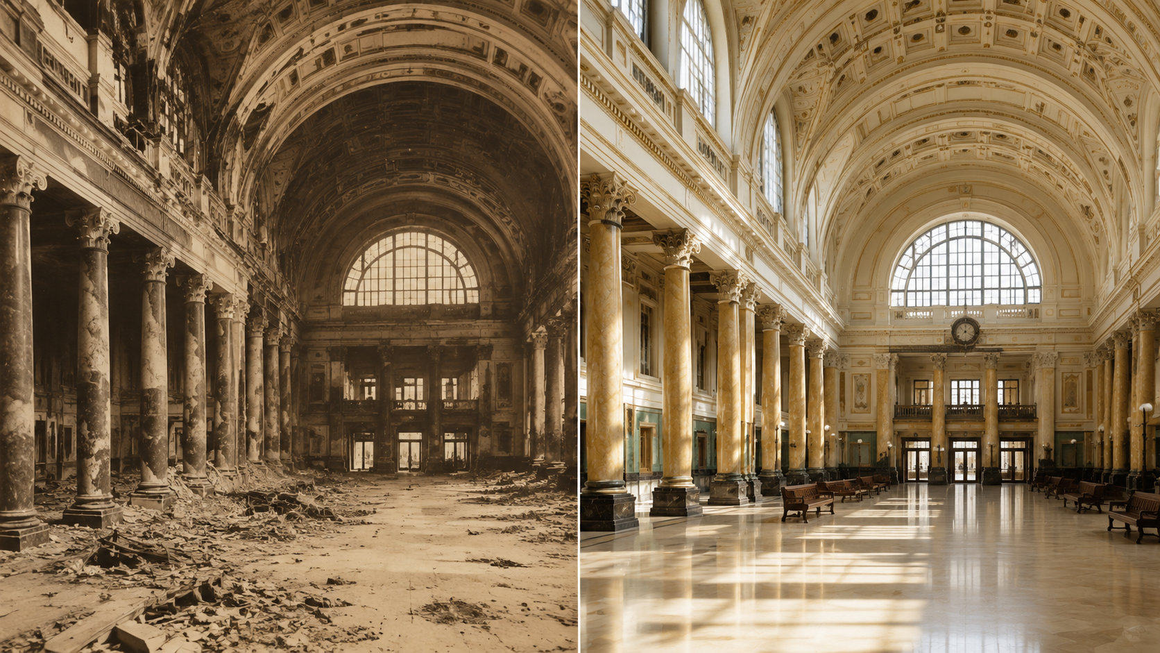 Side by side comparison of the final Neural4D 3D model of Penn Station interior next to the original 1962 reference photograph showing structural accuracy