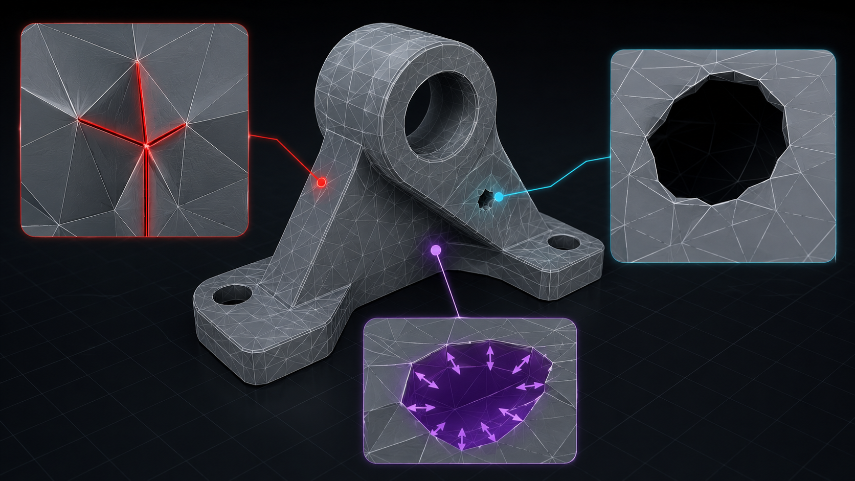 Workflow comparison showing how to repair STL file errors using Meshmixer Inspector with before and after results