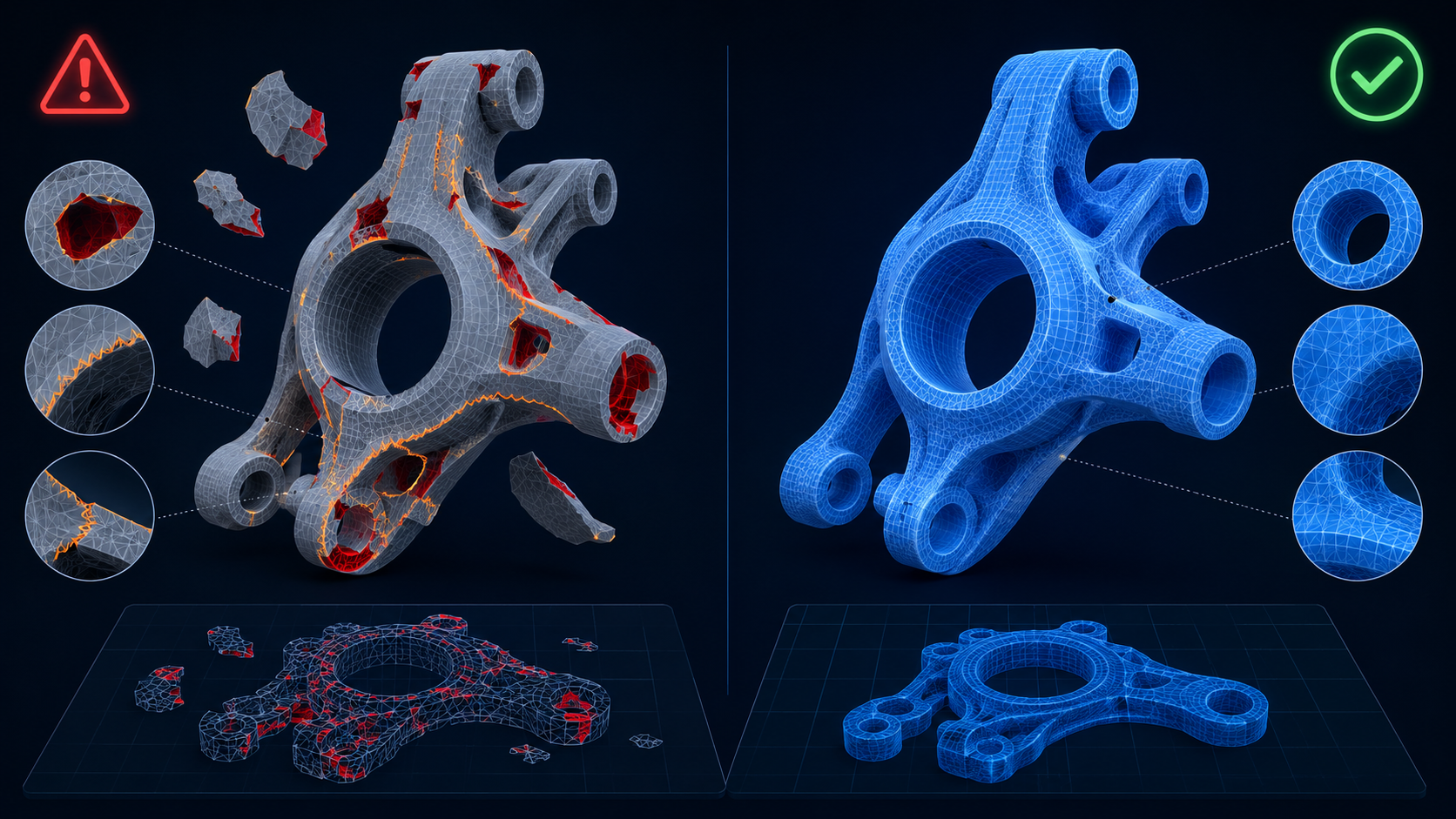 Side-by-side comparison of a Neural4D-generated watertight mesh passing slicer validation versus a typical broken mesh with visible holes and non-manifold errors