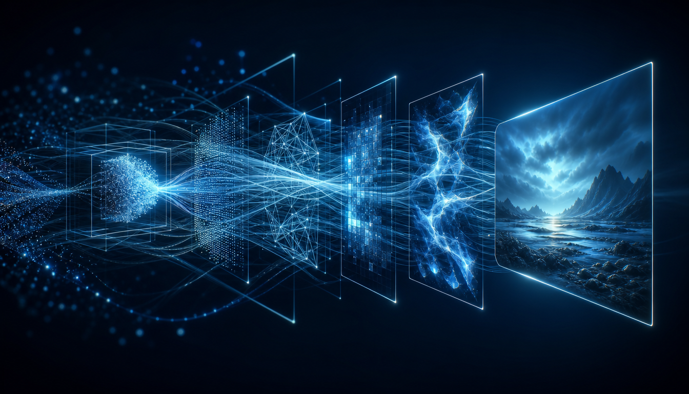 Abstract cinematic visualization showing AI video generation pipeline with flowing light strands and geometric frames connected by luminous data streams