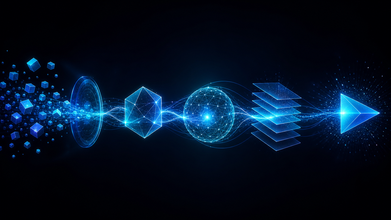 Abstract geometric workflow visualization showing five connected stages in an AI video creation pipeline with glowing shapes and flowing light paths